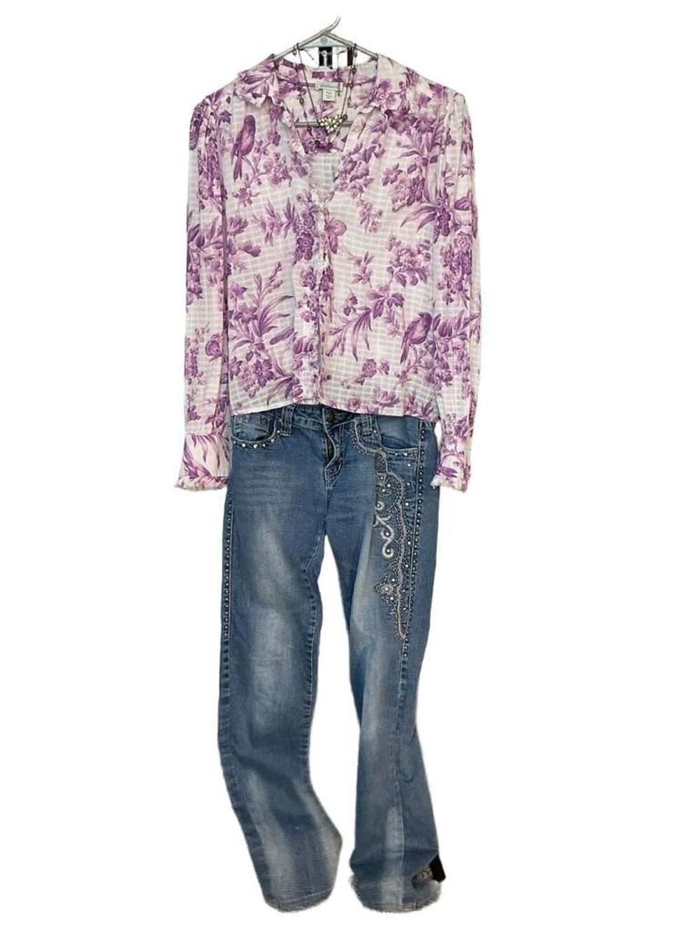 Sundance Purple and White Floral Toile Bird Long Sleeve Button Down Blouse PXS